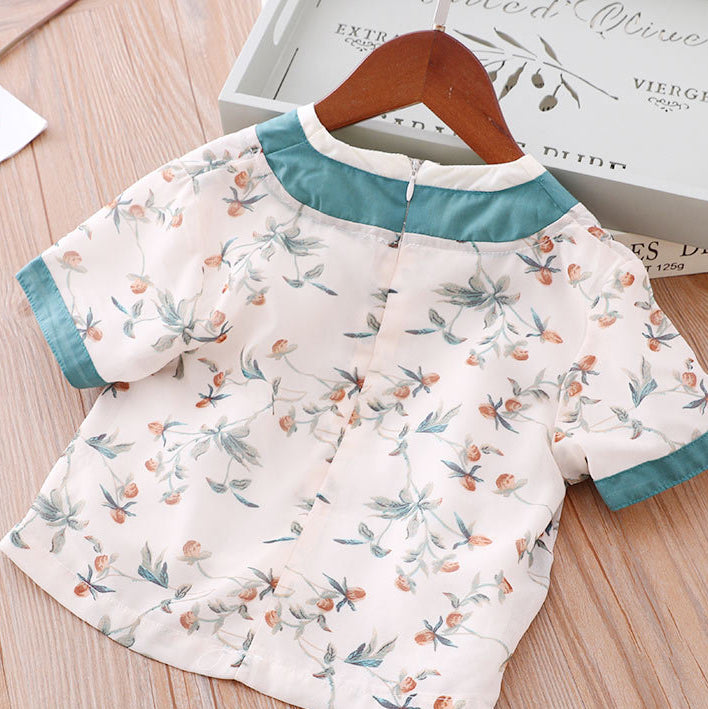 Girls Cheongsam Set White Top w Flower Prints n Green Skirt - Little Kooma