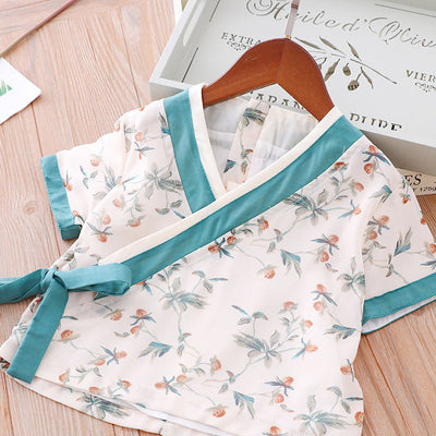 Girls Cheongsam Set White Top w Flower Prints n Green Skirt - Little Kooma