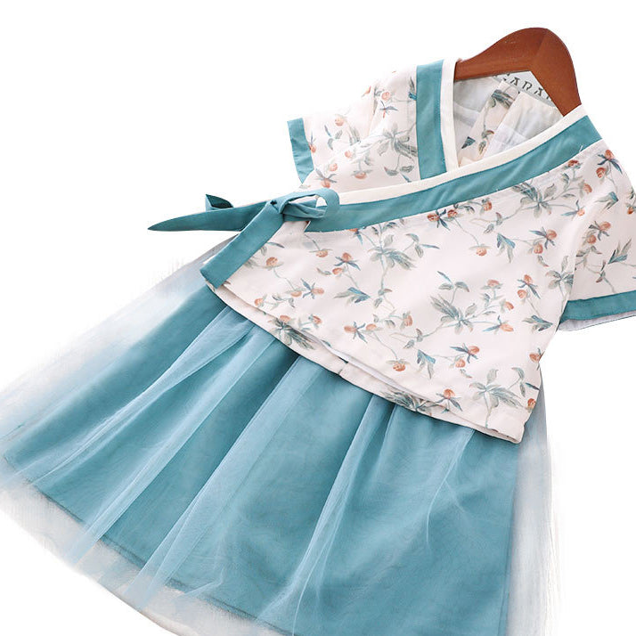 Girls Cheongsam Set White Top w Flower Prints n Green Skirt - Little Kooma