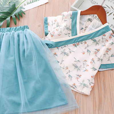 Girls Cheongsam Set White Top w Flower Prints n Green Skirt - Little Kooma