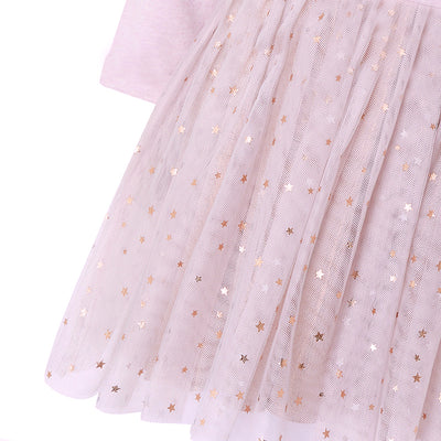 Kids Baby Girl's Pink Long Sleeve Star Voile Dress Embroidered Bunny - 1021 - Little Kooma