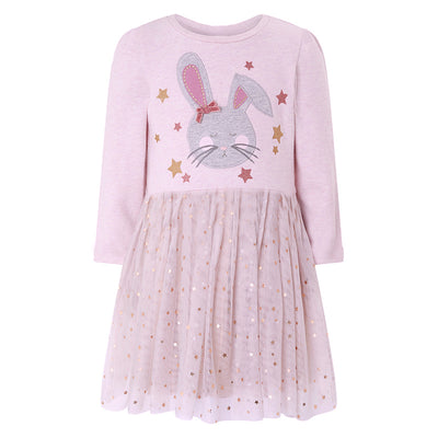 Kids Baby Girl's Pink Long Sleeve Star Voile Dress Embroidered Bunny - 1021 - Little Kooma