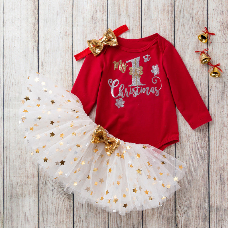 Baby Girl Christmas Outfit My 1st Christmas Red Long Sleeve Bodysuit n Sequin Voile Skirt n Headwrap 3 Piece Set - 1124 - Little Kooma
