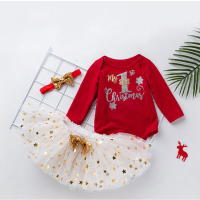 Baby Girl Christmas Outfit My 1st Christmas Red Long Sleeve Bodysuit n Sequin Voile Skirt n Headwrap 3 Piece Set - 1124 - Little Kooma