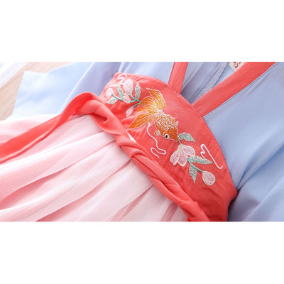 Girls Splicing Voile Cheongsam Blue n Red w Belt n Embroidered Gold Fish - Little Kooma