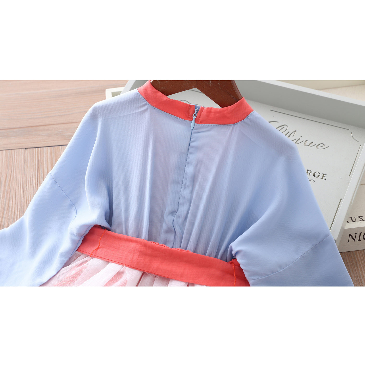 Girls Splicing Voile Cheongsam Blue n Red w Belt n Embroidered Gold Fish - Little Kooma