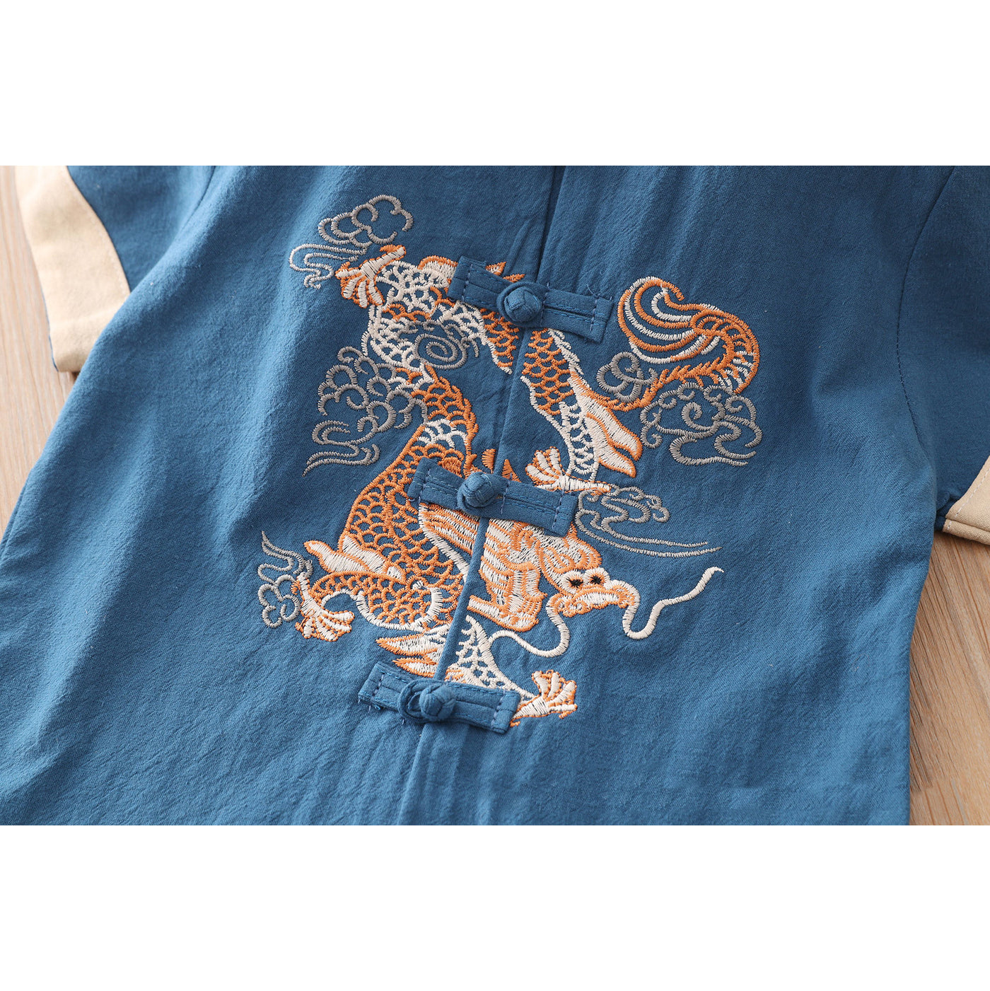 [KB07] Kids Boys Cheongsam Set Top n Shorts Embroidered Dragon n Auspicious Clouds CNY Chinese New Year Outfit - Little Kooma