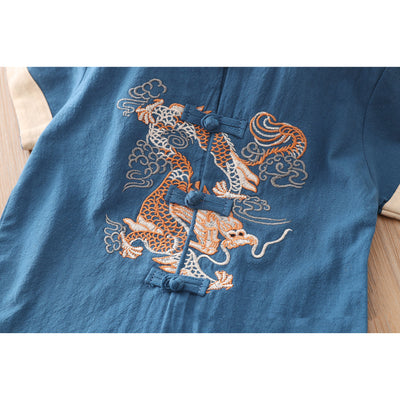 [KB07] Kids Boys Cheongsam Set Top n Shorts Embroidered Dragon n Auspicious Clouds CNY Chinese New Year Outfit - Little Kooma