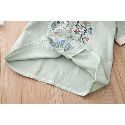 [KB06] Kids Boys Cheongsam Set Top n Shorts Embroidered Crane n Circle Auspicious Clouds CNY Chinese New Year Outfit - Little Kooma