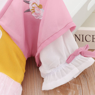 [KG22] Kids Girls Voile Splicing Cheongsam Dress w Embroidered Flowers Frill Sleeve CNY Chinese New Year Outfit - Little Kooma