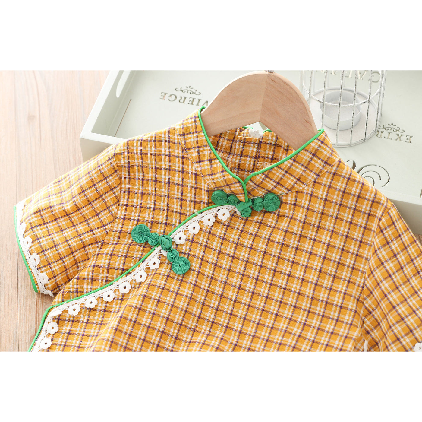 [KG01] Kids Girls Lace Trim Plaid Cheongsam Dress n Sling Bag CNY Chinese New Year Outfit - Little Kooma