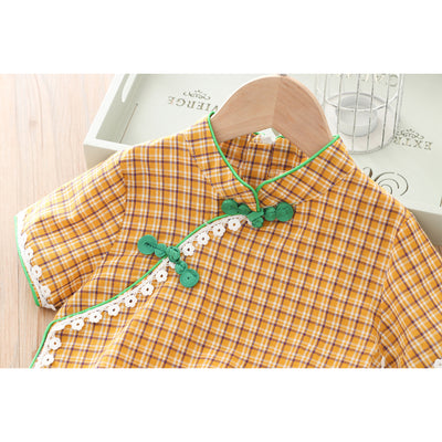 [KG01] Kids Girls Lace Trim Plaid Cheongsam Dress n Sling Bag CNY Chinese New Year Outfit - Little Kooma