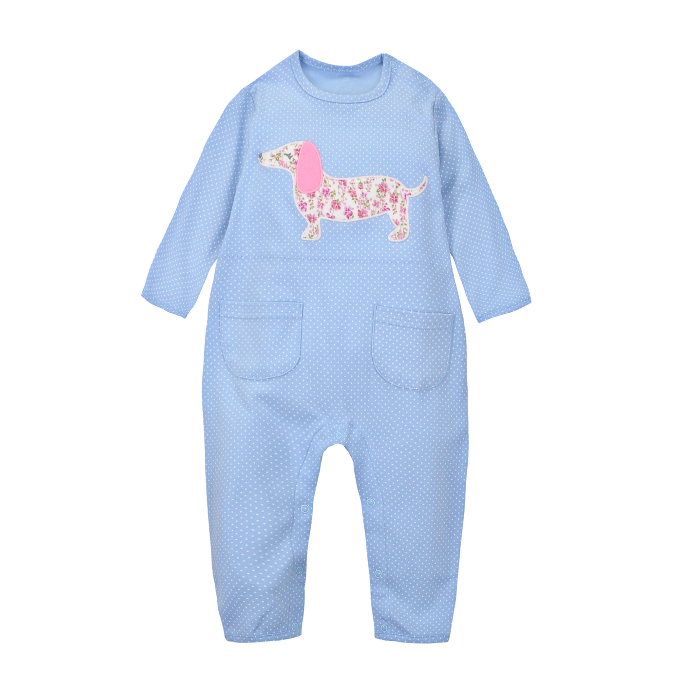 Baby Blue w White Dots Little Puppy Jumpsuit All In One - Little Kooma