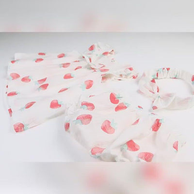 Baby Girl Strawberry Dress n Knicker n Headwrap 3 Piece Set