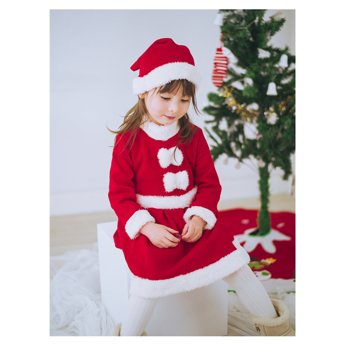 Kids Girl's Santa Caroset Dress w Hat Long Sleeves - Little Kooma