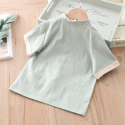 [KB06] Kids Boys Cheongsam Set Top n Shorts Embroidered Crane n Circle Auspicious Clouds CNY Chinese New Year Outfit - Little Kooma