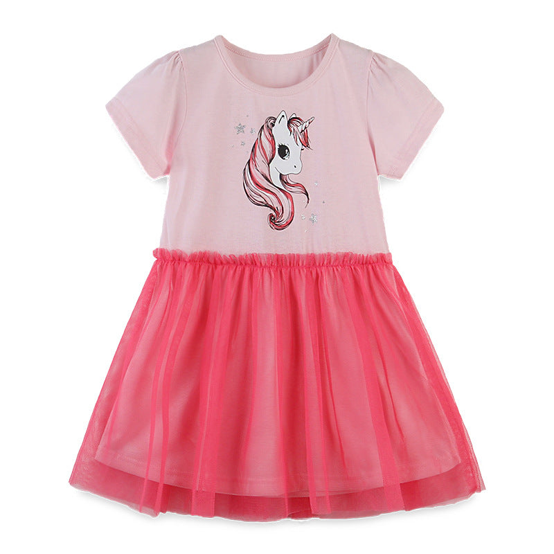 Kids Baby Girl's Splicing Pink n Red Short Sleeve Voile Dress Unicorn Print - 1021 - Little Kooma