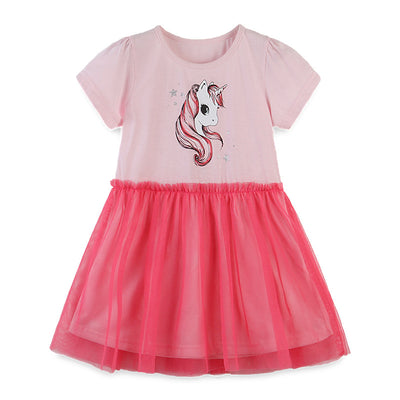 Kids Baby Girl's Splicing Pink n Red Short Sleeve Voile Dress Unicorn Print - 1021 - Little Kooma