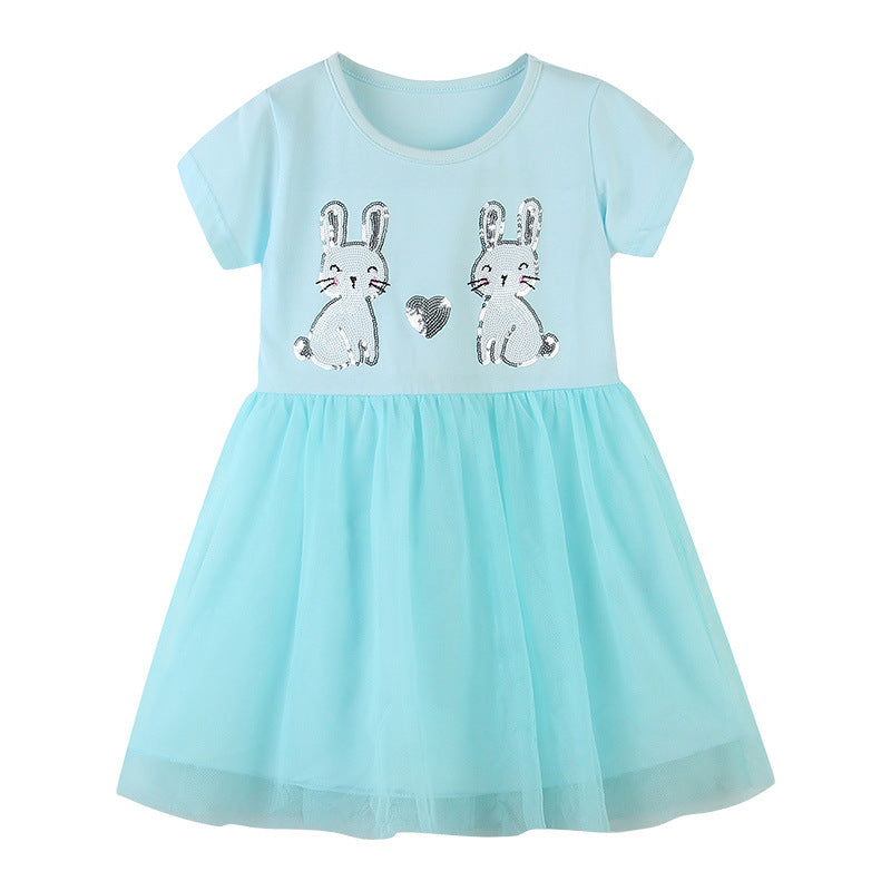 Kids Baby Girl's Splicing Blue Short Sleeve Voile Dress Sequin Bunnies - 1021 - Little Kooma