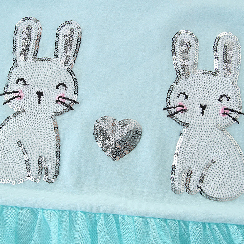 Kids Baby Girl's Splicing Blue Short Sleeve Voile Dress Sequin Bunnies - 1021 - Little Kooma