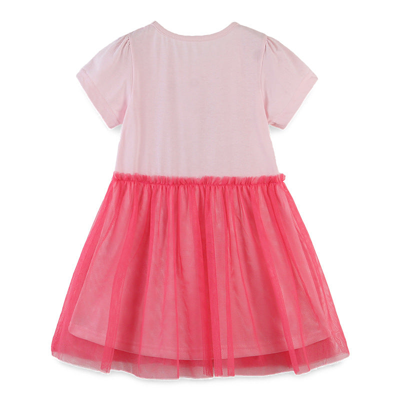 Kids Baby Girl's Splicing Pink n Red Short Sleeve Voile Dress Unicorn Print - 1021 - Little Kooma
