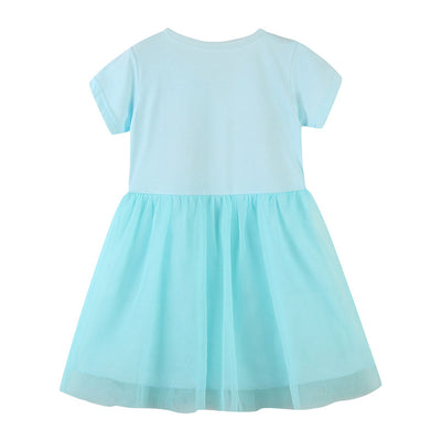 Kids Baby Girl's Splicing Blue Short Sleeve Voile Dress Sequin Bunnies - 1021 - Little Kooma