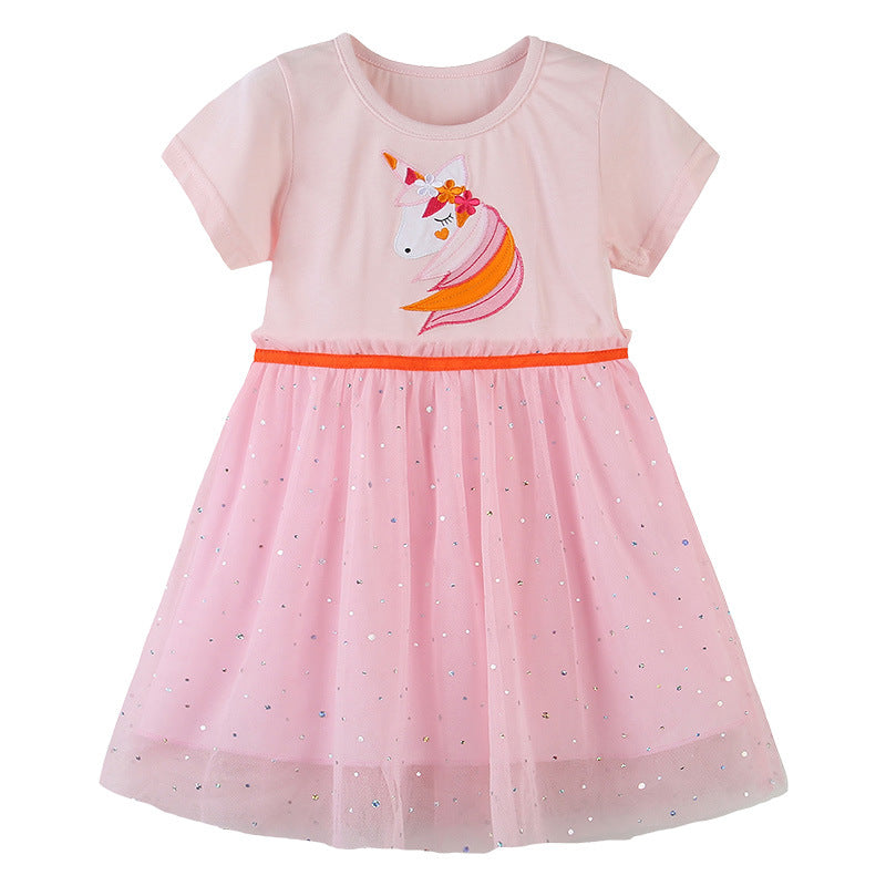 Kids Baby Girl's Splicing Pink Short Sleeve Voile Dress Embroidered Unicorn - 1021 - Little Kooma