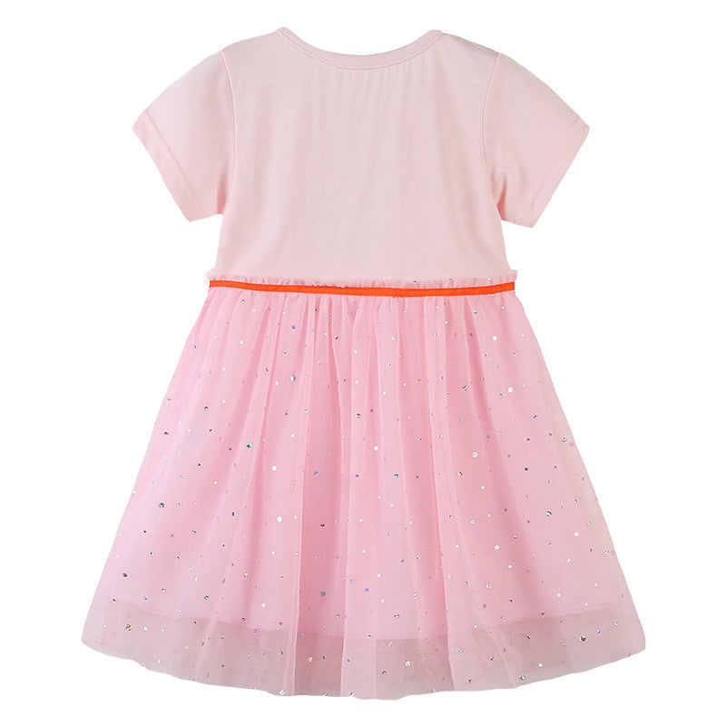 Kids Baby Girl's Splicing Pink Short Sleeve Voile Dress Embroidered Unicorn - 1021 - Little Kooma