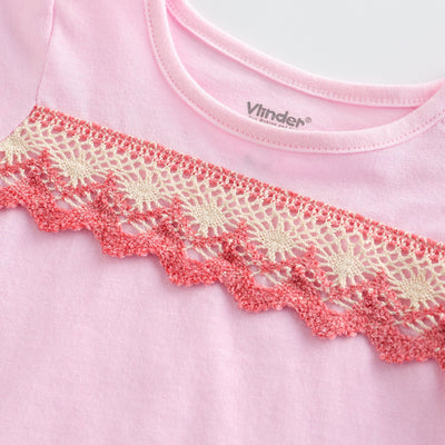 Baby Girl Ruffled Sleeves Pink  Top w Red n White Lace - Little Kooma