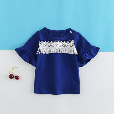 Baby Girl Ruffled Sleeves Blue Top w White Lace n Tassels - Little Kooma