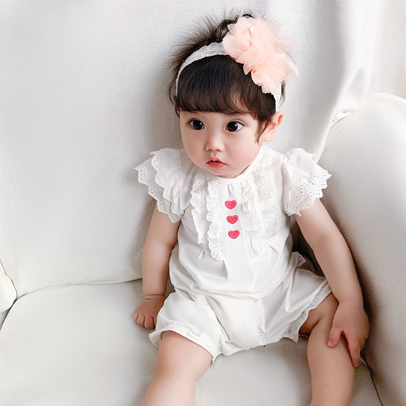 Baby Girl's White Lace Romper w Red Hearts - 1118 - Little Kooma