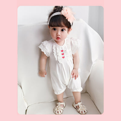 Baby Girl's White Lace Romper w Red Hearts - 1118 - Little Kooma