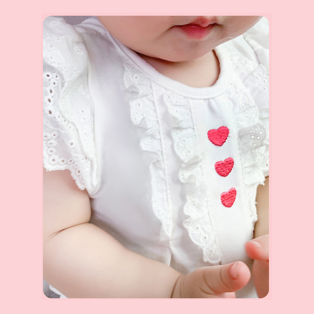 Baby Girl's White Lace Romper w Red Hearts - 1118 - Little Kooma