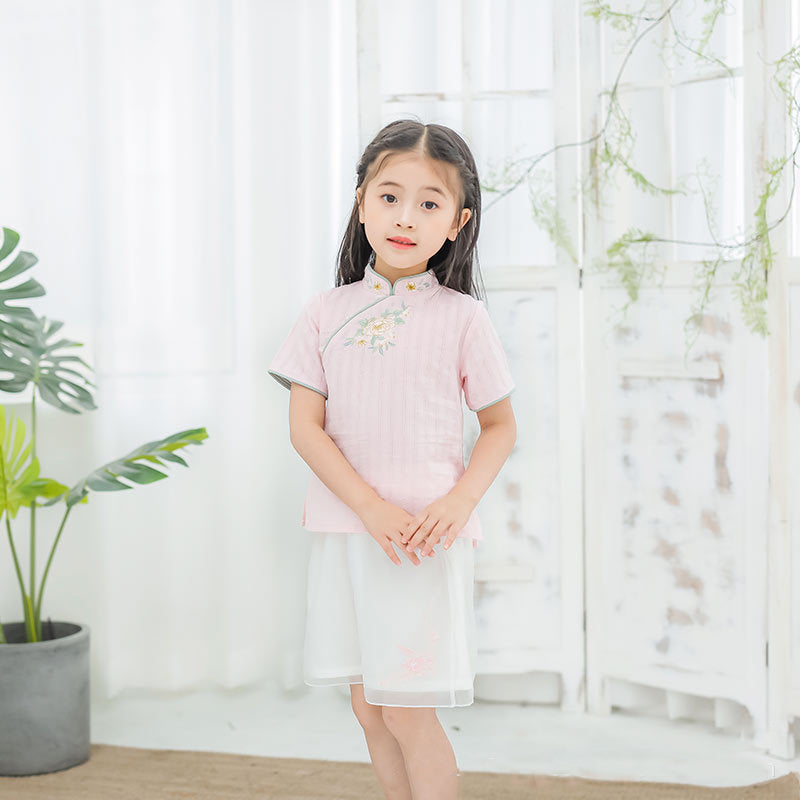 [KG16] Kids Girls Cheongsam 2 Piece Set Top n Voile Shorts CNY Chinese New Year Outfit - Little Kooma