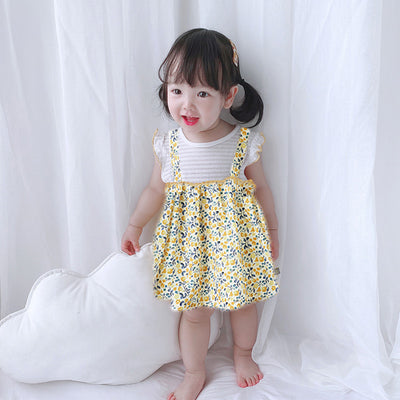 Baby Girl Yellow Floral Ruffled Sleeves Fake Two Pieces Overall Bodysuit Dress - 1118 - Little Kooma