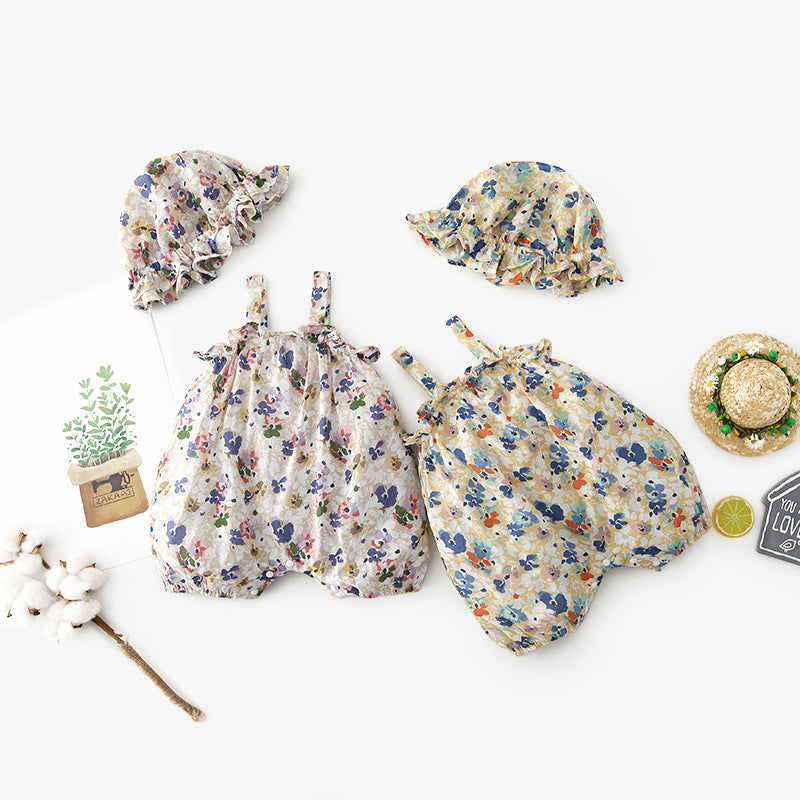Baby Girl Flowers Cami Romper n Hat Set - 0616 - Little Kooma