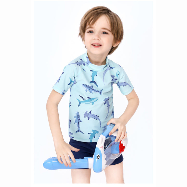 Baby Kids Boy's Shark Prints Short Sleeves Two Piece Swimming Suit Top Shorts n Free Cap 908041 - Little Kooma