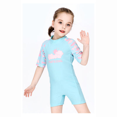 Baby Kids Girl's Pink Clouds One Piece Blue Swimming Suit n Free Cap 907026 - Little Kooma