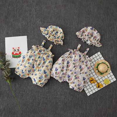 Baby Girl Flowers Cami Romper n Hat Set - 0616 - Little Kooma