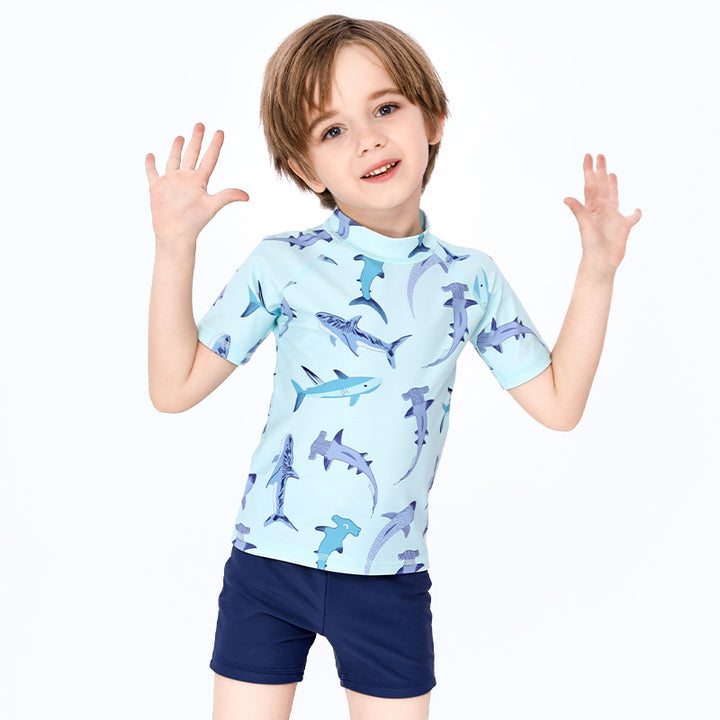 Baby Kids Boy's Shark Prints Short Sleeves Two Piece Swimming Suit Top Shorts n Free Cap 908041 - Little Kooma