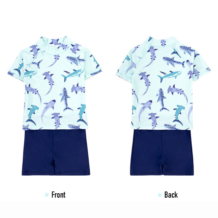 Baby Kids Boy's Shark Prints Short Sleeves Two Piece Swimming Suit Top Shorts n Free Cap 908041 - Little Kooma