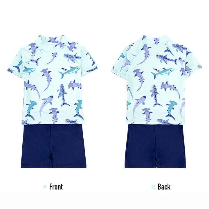 Baby Kids Boy's Shark Prints Short Sleeves Two Piece Swimming Suit Top Shorts n Free Cap 908041 - Little Kooma