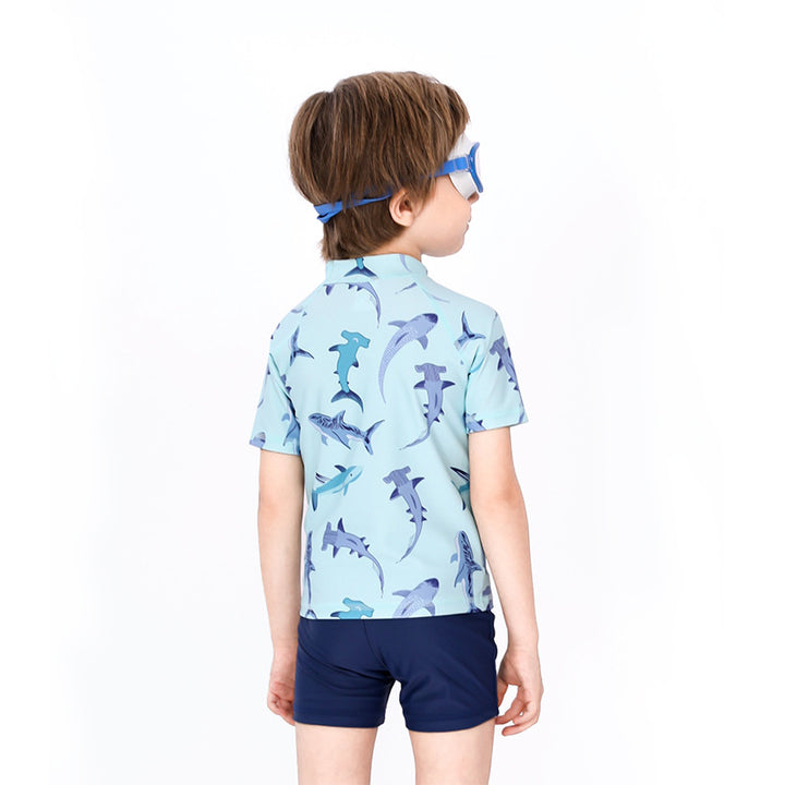 Baby Kids Boy's Shark Prints Short Sleeves Two Piece Swimming Suit Top Shorts n Free Cap 908041 - Little Kooma