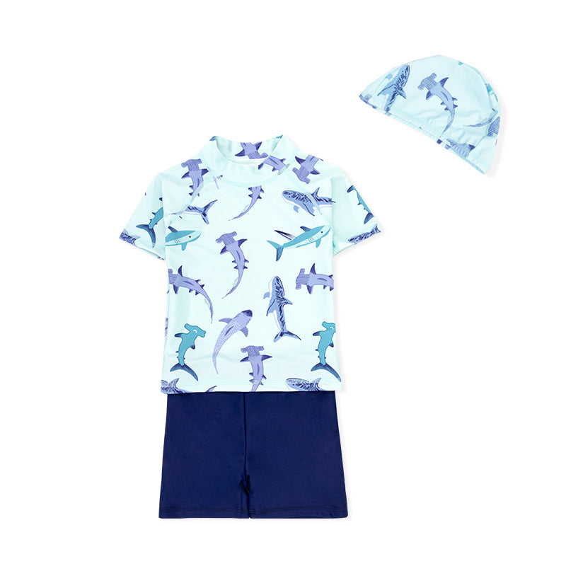Baby Kids Boy's Shark Prints Short Sleeves Two Piece Swimming Suit Top Shorts n Free Cap 908041 - Little Kooma