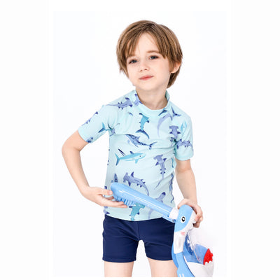 Baby Kids Boy's Shark Prints Short Sleeves Two Piece Swimming Suit Top Shorts n Free Cap 908041 - Little Kooma