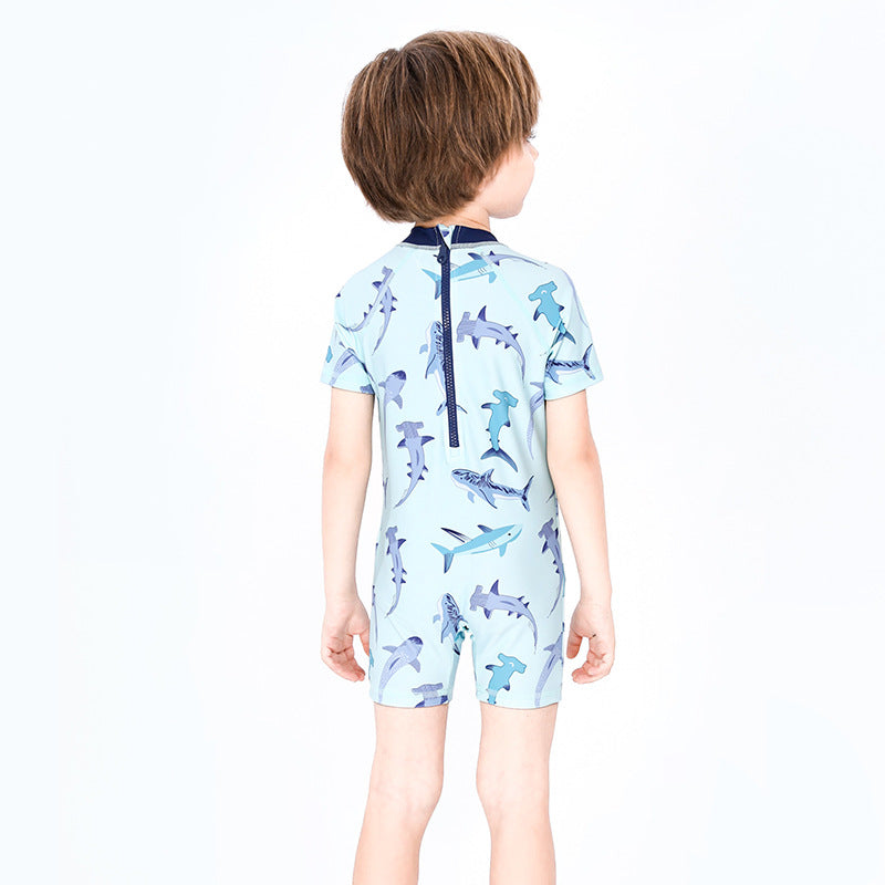 Baby Kids Boy's Shark Prints One Piece Blue Swimming Suit n Free Cap 908042 - Little Kooma