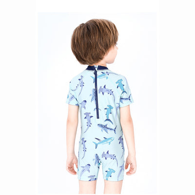 Baby Kids Boy's Shark Prints One Piece Blue Swimming Suit n Free Cap 908042 - Little Kooma