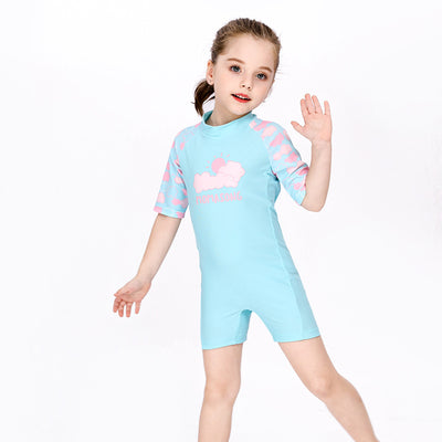 Baby Kids Girl's Pink Clouds One Piece Blue Swimming Suit n Free Cap 907026 - Little Kooma