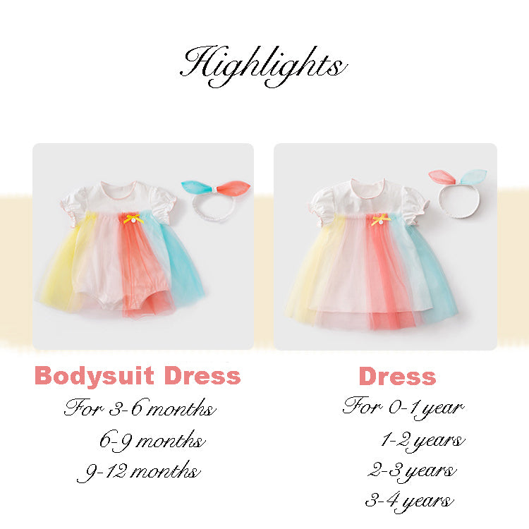 Baby Girl Bodysuit Dress Kids Girl Rainbow Voile Dress n Headwrap 2 Piece Set - 0521 - Little Kooma