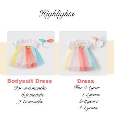 Baby Girl Bodysuit Dress Kids Girl Rainbow Voile Dress n Headwrap 2 Piece Set - 0521 - Little Kooma